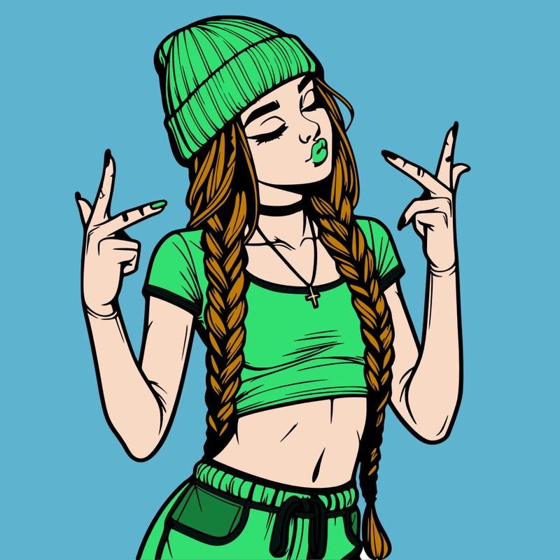 realistic teenage girl with braids and a beanie and crop top doing 🫶🏼