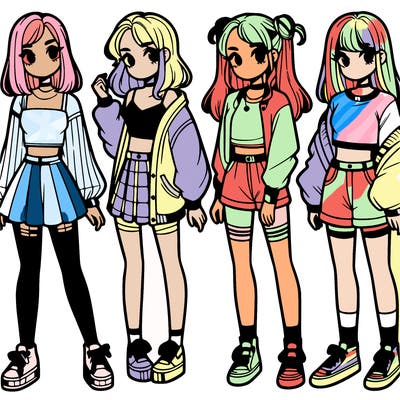 one girl with crop-top shirt and a jacket with a skirt, long socks and another girl with a shirt and pants with a jacket