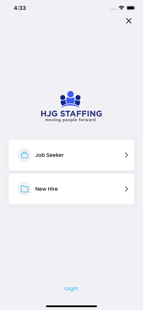 HJG Staffing - Welcome screen of HJG Staffing app with Job Seeker and New Hire options
