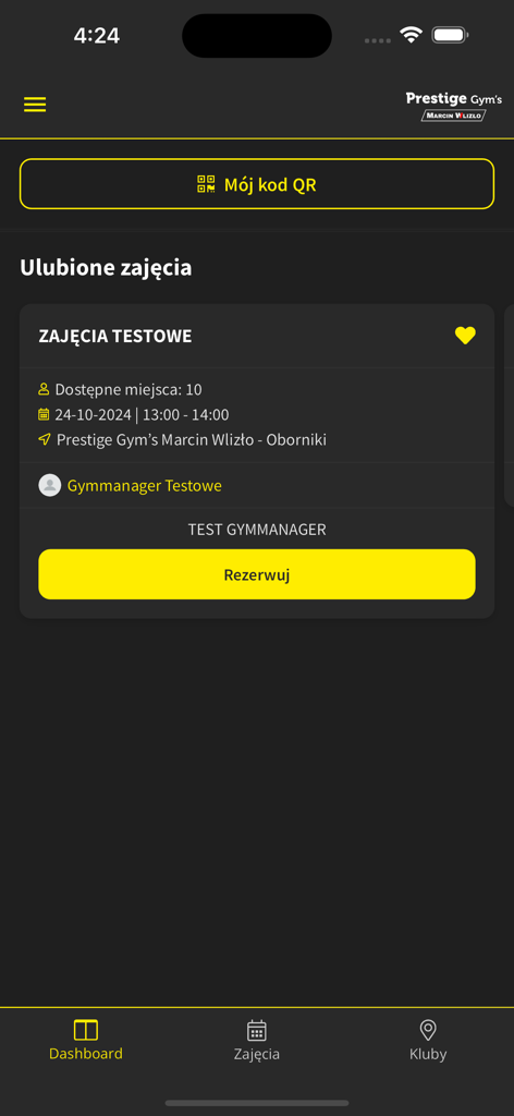 Prestige Gyms app dashboard showing favorite classes and a booking button