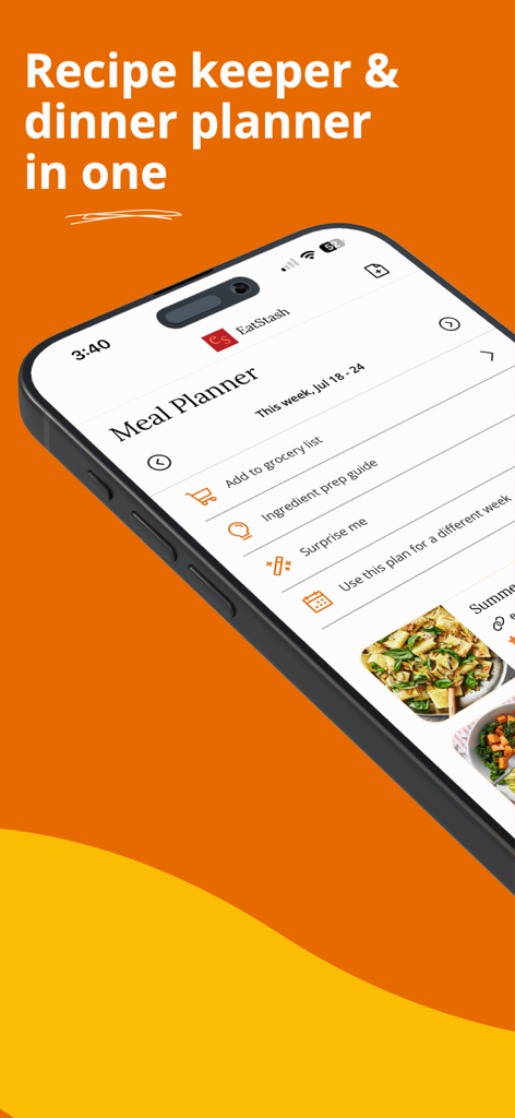 EatStash app interface on an iPhone displaying its recipe keeper and meal planner features.