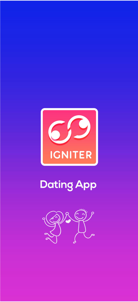 Igniter - On Demand Dating App - Igniter dating app splash screen with logo and a stick figure couple illustration