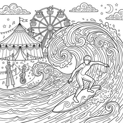 Experience the ultimate fusion of excitement with this incredible coloring page featuring powerful big wave surfers alongside a vibrant carnival. Get ready to bring this dynamic scene to life with your favorite colors.