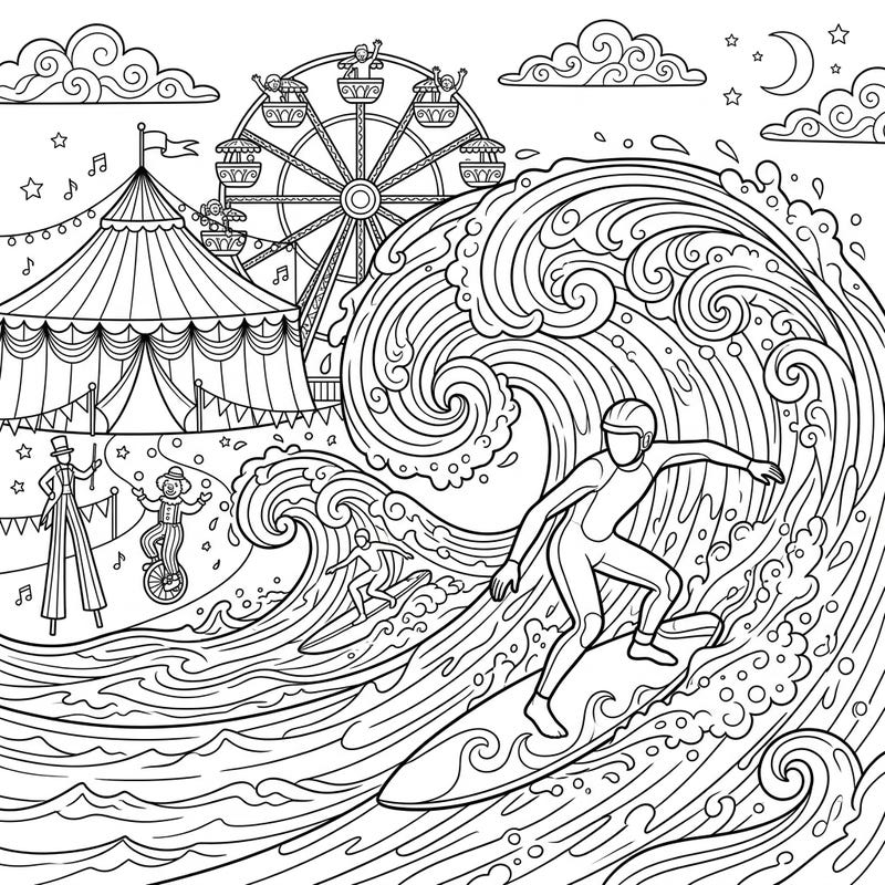 Experience the ultimate fusion of excitement with this incredible coloring page featuring powerful big wave surfers alongside a vibrant carnival. Get ready to bring this dynamic scene to life with your favorite colors.