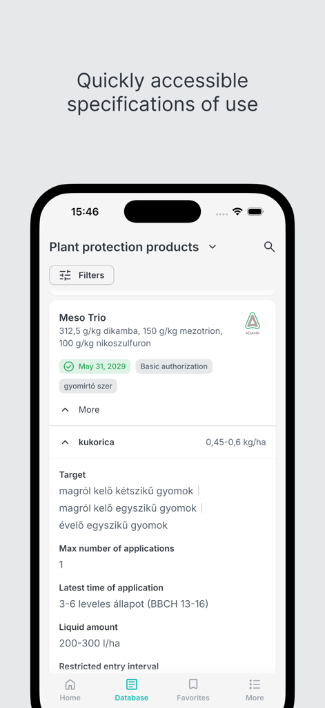 Interface do aplicativo móvel Agromedium mostrando especificações agrícolas detalhadas para um produto de proteção de plantas