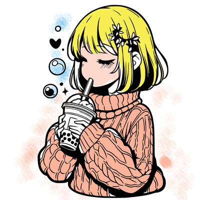 manga girl drinking boba in cozy sweater