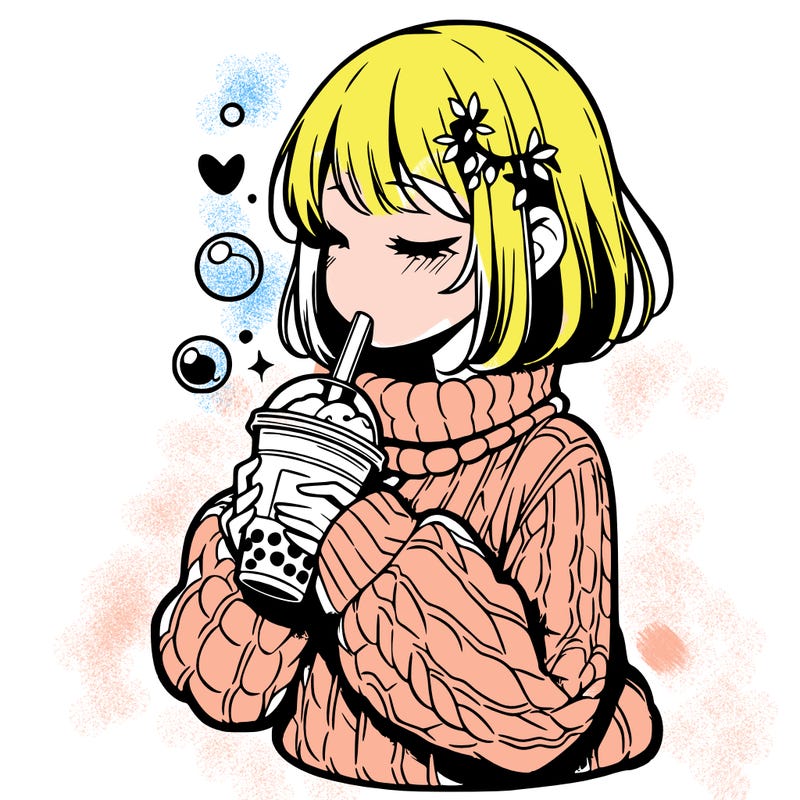 manga girl drinking boba in cozy sweater