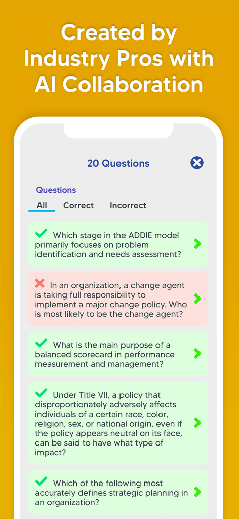 SHRM Exam Prep: HR Test 2024 - 正誤を示すSHRM模擬問題のリストを表示するスマートフォンの画面。