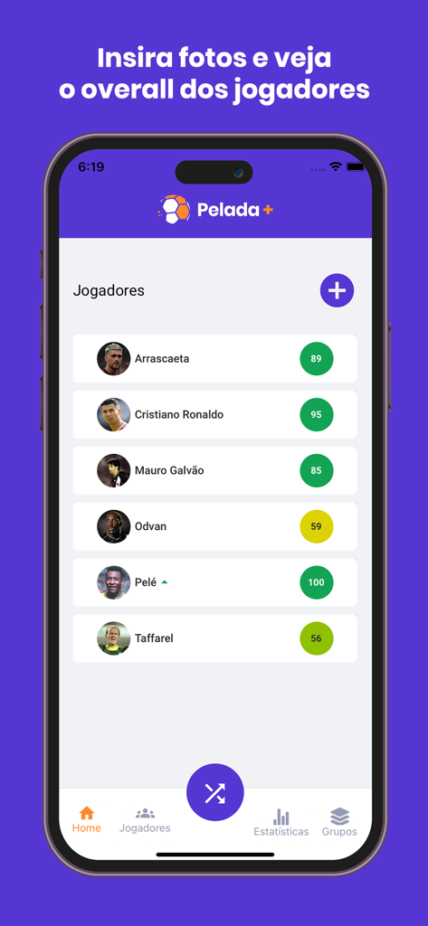 Pelada+ - Pelada plus mobile App-Bildschirm, der eine Liste von Fußballspielern mit ihren Namen, Profilbildern und Fähigkeitsbewertungen anzeigt.
