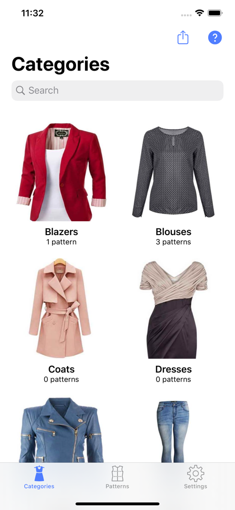 Sewing Patterns - Sewing Patterns app categories screen showing organized garment types like blazers blouses coats and dresses