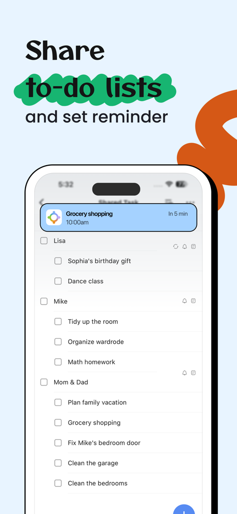 Screenshot of FamCal app featuring shared family to-do lists with tasks assigned to different members and a grocery shopping reminder.