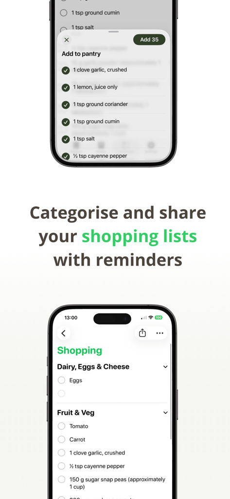 Interface showing categorized shopping lists in Pantry Recipe Manager with iOS Reminders integration