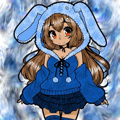 pretty anime girl wearing a fluffy hoodie with bunny ears on the hood and a skirt