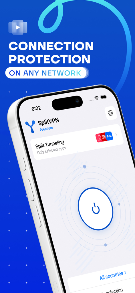 Interface do aplicativo SplitVPN mostrando proteção de conexão em qualquer rede
