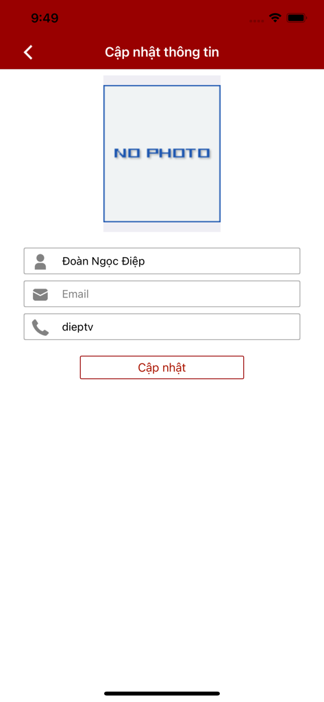 VNU-LIC - Profile update screen in the VNU-LIC library app showing fields for user name and contact information.