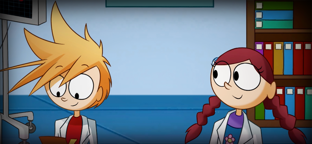 Human Body: STEM Science Games - Two cartoon child scientists wearing white lab coats in a lab setting