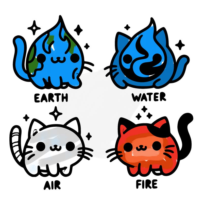 4 cats that represent the different elements, earth, water, air, and fire