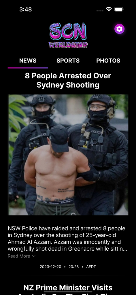 SCN WorldStar - SCN WorldStar mobile app interface showing a news article about a Sydney shooting with an image of tactical police