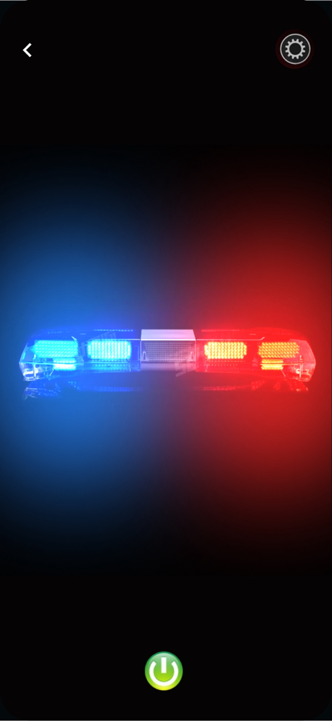 Siren & Air Horn Sounds - Una interfaz de app móvil mostrando una barra de luces de policía realista con luces rojas y azules