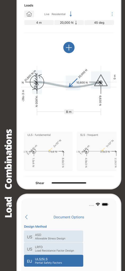 Mobile interface of the Deflection Pro app showing structural load combinations and design method selection options
