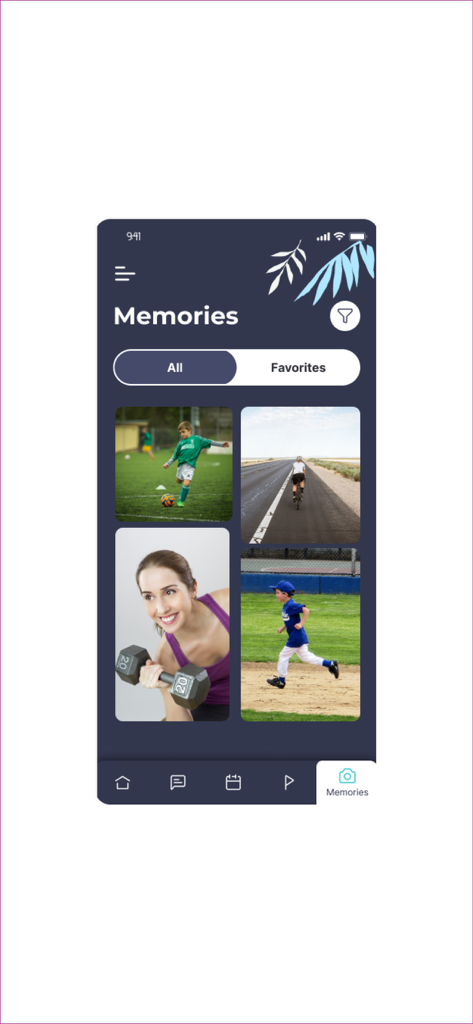 Outcoach - Pantalla de galería de recuerdos de la aplicación Outcoach que muestra una galería de fotos de actividades deportivas juveniles y de fitness