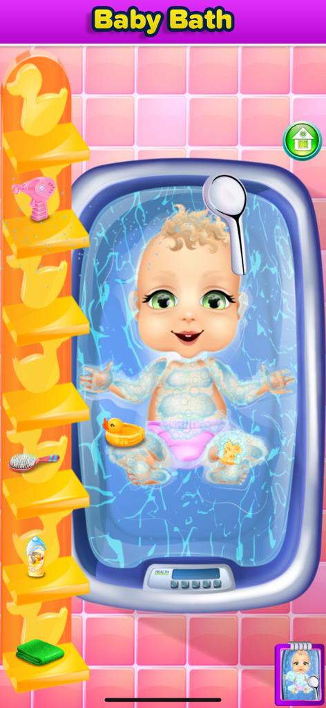 Mommy's New Baby Girl Game - A cartoon baby taking a bath with bubbles and a rubber duck in the Mommy's New Baby Girl Game.