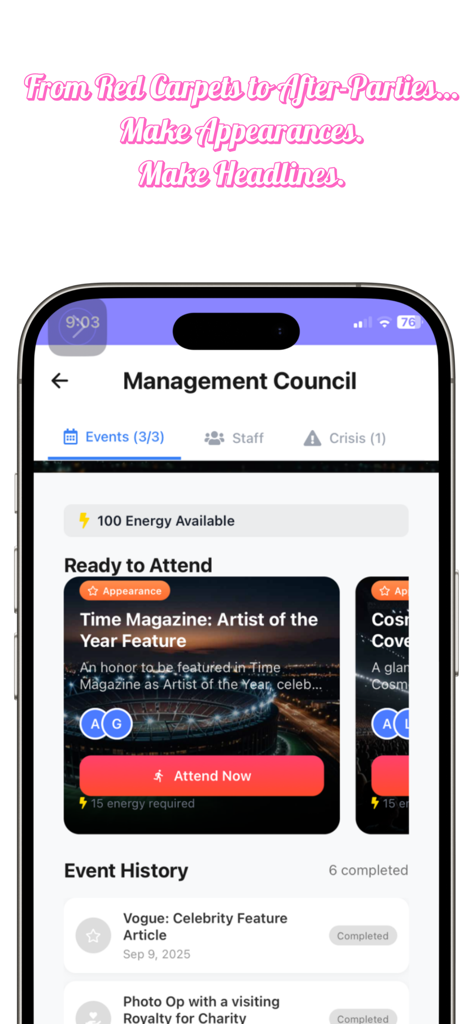 Essential Popstar Life Sim - Pantalla del Consejo de Gestión de Essential Popstar Life Sim que muestra eventos de celebridades como apariciones en revistas y sesiones de fotos.