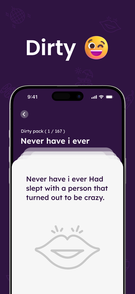 Never Have I Ever ~ Dirty Game - Captura de pantalla que muestra una tarjeta de juego sucio en la app de fiesta Never Have I Ever para adultos.
