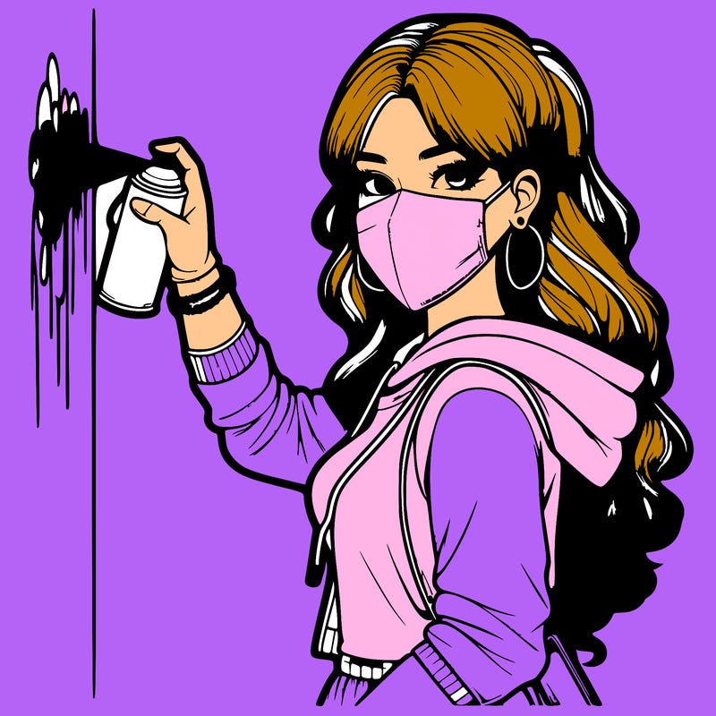 realistic girl with mask spray painting a wall