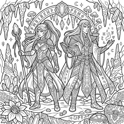 Step into a realm of dark magic and ancient power with this stunning adult coloring page featuring noble Dark Elves. Unleash your creativity on intricate designs, bringing these mythical figures and their subterranean world to vibrant life.