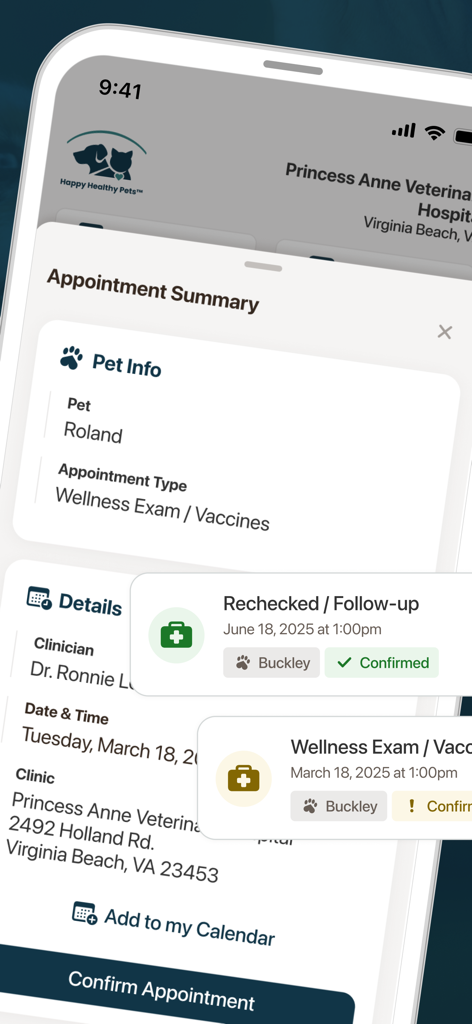 Happy Healthy Pets - Happy Healthy Petsアプリでペットの予約の詳細とスケジューリングオプションを表示するモバイル画面