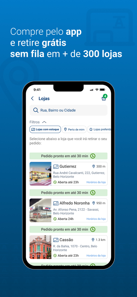 Drogaria Araujo app store locator showing pickup locations and hours