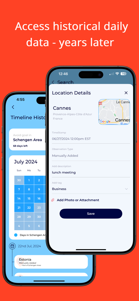 Chrono: Time in Place - Mobile screenshot of Chrono app showing a travel timeline and detailed location logs for tax residency proof.