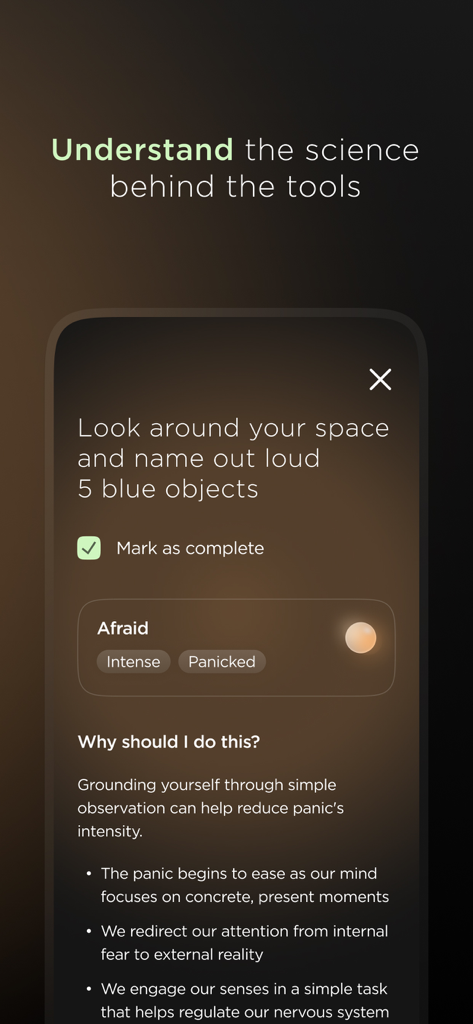 Nebbi App - Interface of Nebbi app detailing a CBT grounding exercise and the science behind sensory regulation.
