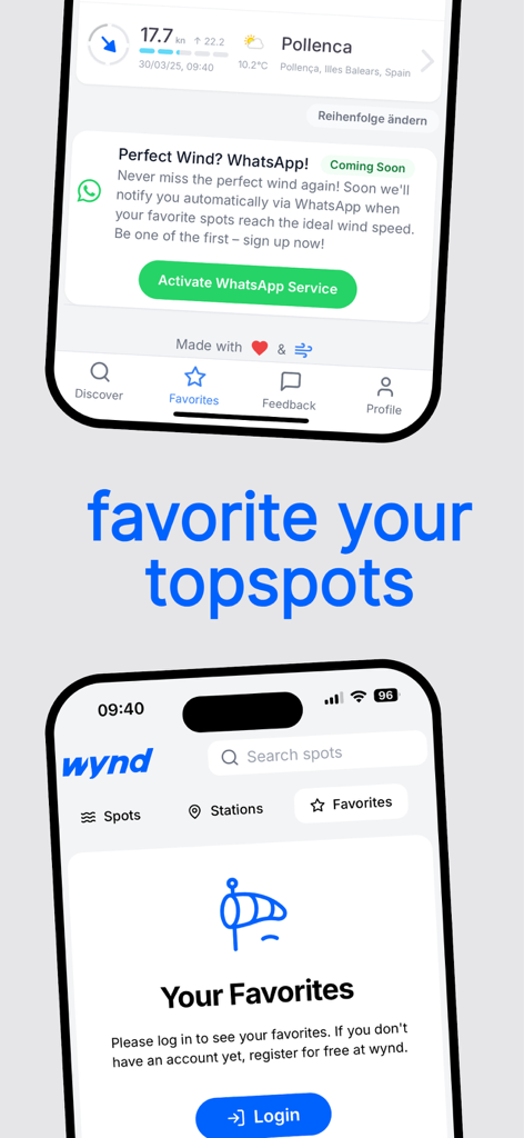 WYND: Live Wind & Weather Map - WYND mobile app interface showing favorite wind spots and WhatsApp wind alerts