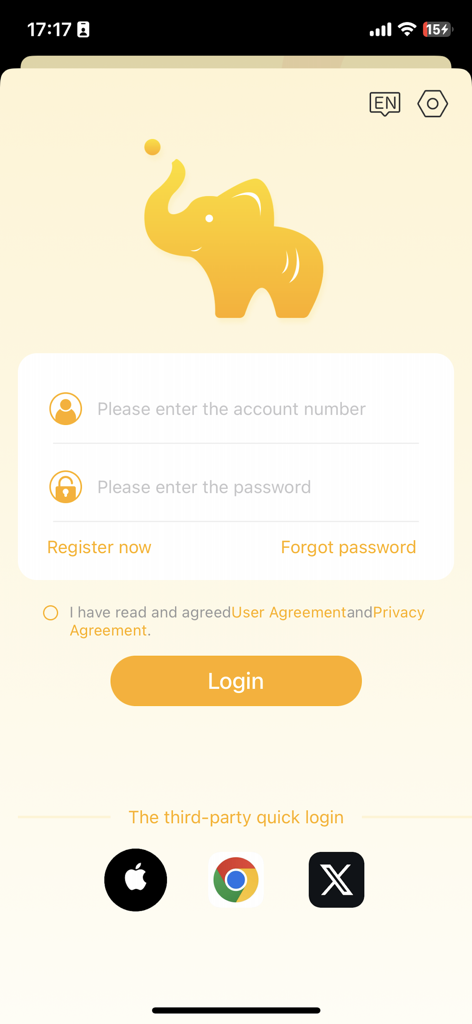 Eleph-label - Login screen for the Eleph-label app featuring a yellow elephant logo and social sign in buttons