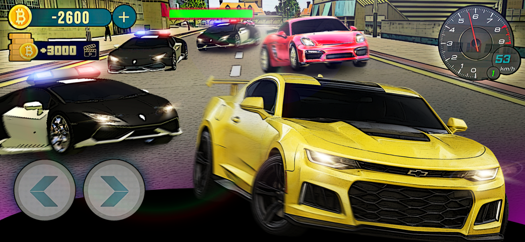 Go To Auto: Start big stories - A yellow sports car driving on city streets with police cars and a game interface showing a speedometer