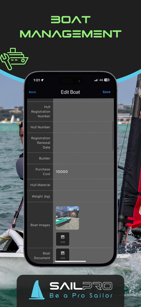 SailPro 앱 보트 관리 화면, 요트 세부 정보 및 등록 정보 표시