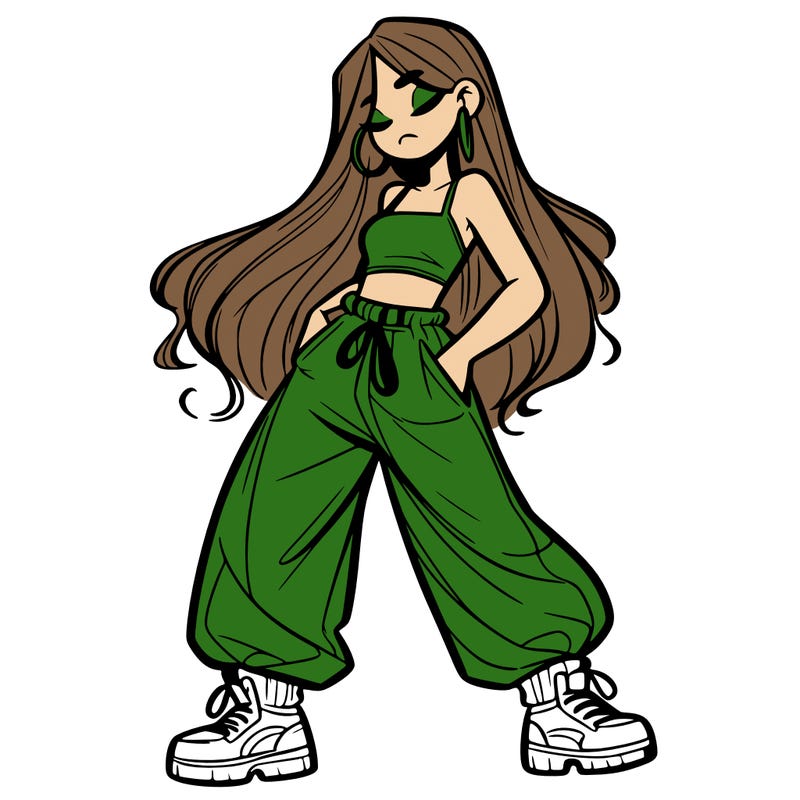 girl in baggy pants crop top and long hair
