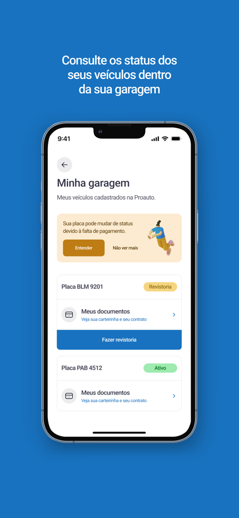 Schermata dell'app mobile Proauto che mostra la sezione Il Mio Garage con un elenco di veicoli registrati e il loro stato di protezione