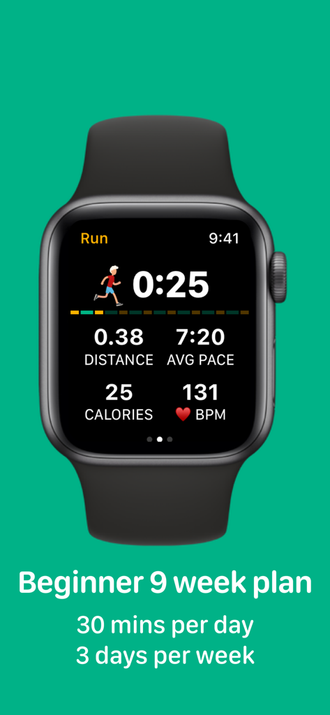 Watch to 5K－Couch to 5km plan - Apple Watch mostrando un plan de running para principiantes de 9 semanas con métricas de entrenamiento como ritmo y frecuencia cardíaca