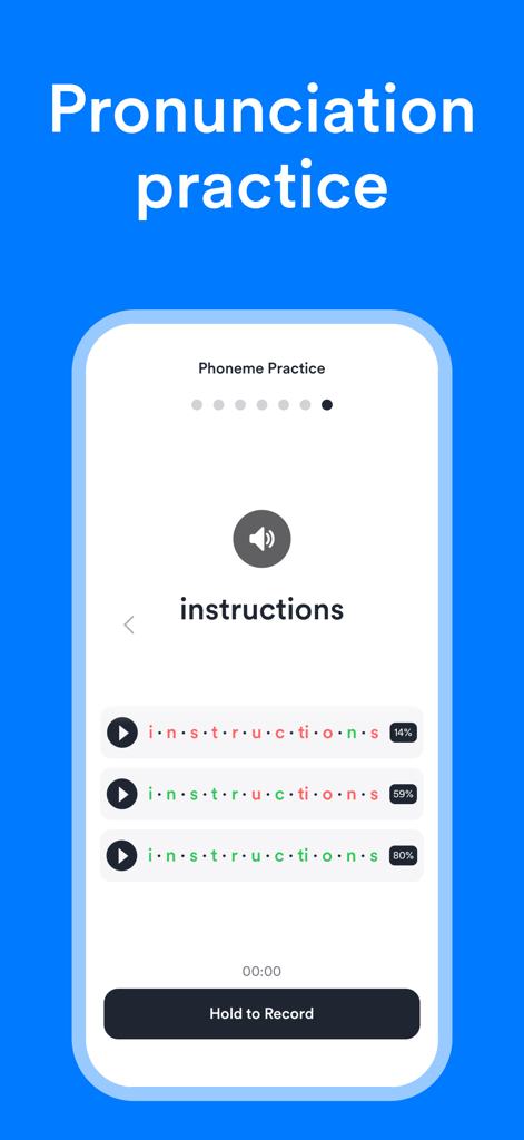 EF Hello: Learn English - Screenshot dell'app EF Hello che mostra una schermata di pratica della pronuncia per la parola 'instructions' con feedback a livello di fonema e punteggi di accuratezza