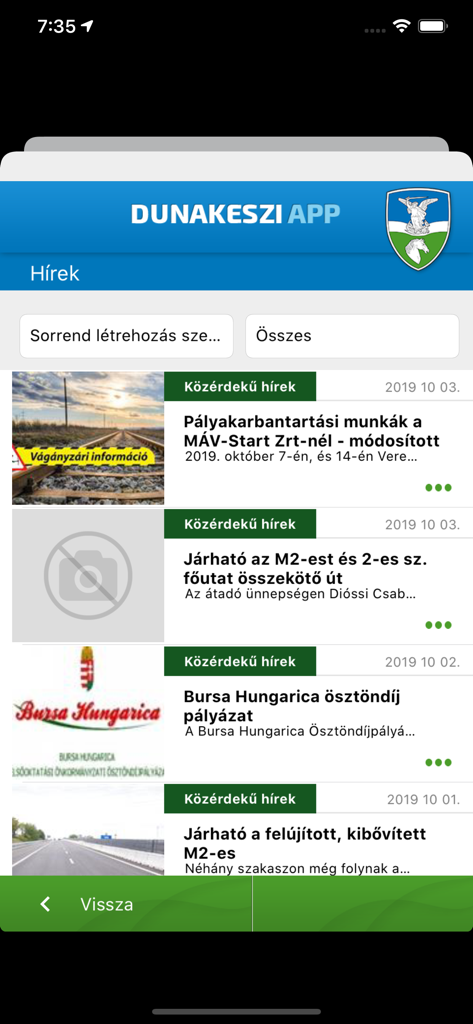 News feed screen of the Dunakeszi IntermApp displaying local city updates and announcements