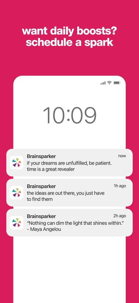 Brainsparker Creativity Coach - iPhone lock screen showing daily creativity notifications from Brainsparker
