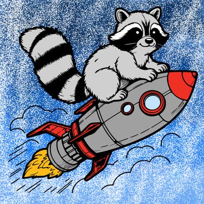 realistic raccoon flying on top rocket ship