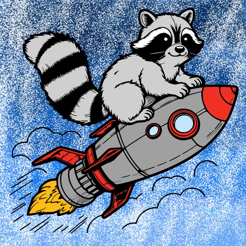 realistic raccoon flying on top rocket ship