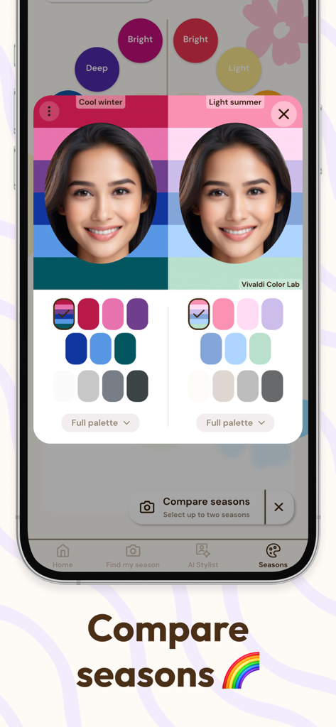 Vivaldi Color Analysis - Una comparación lado a lado de paletas de colores de temporada Invierno Frío y Verano Claro en el retrato de un usuario en la aplicación Vivaldi.