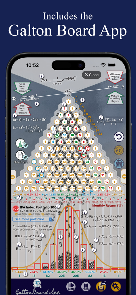 Index Fund Advisors - IFA app screenshot showcasing the integrated Galton Board tool with statistical distribution charts and financial formulas for evidence-based investing.