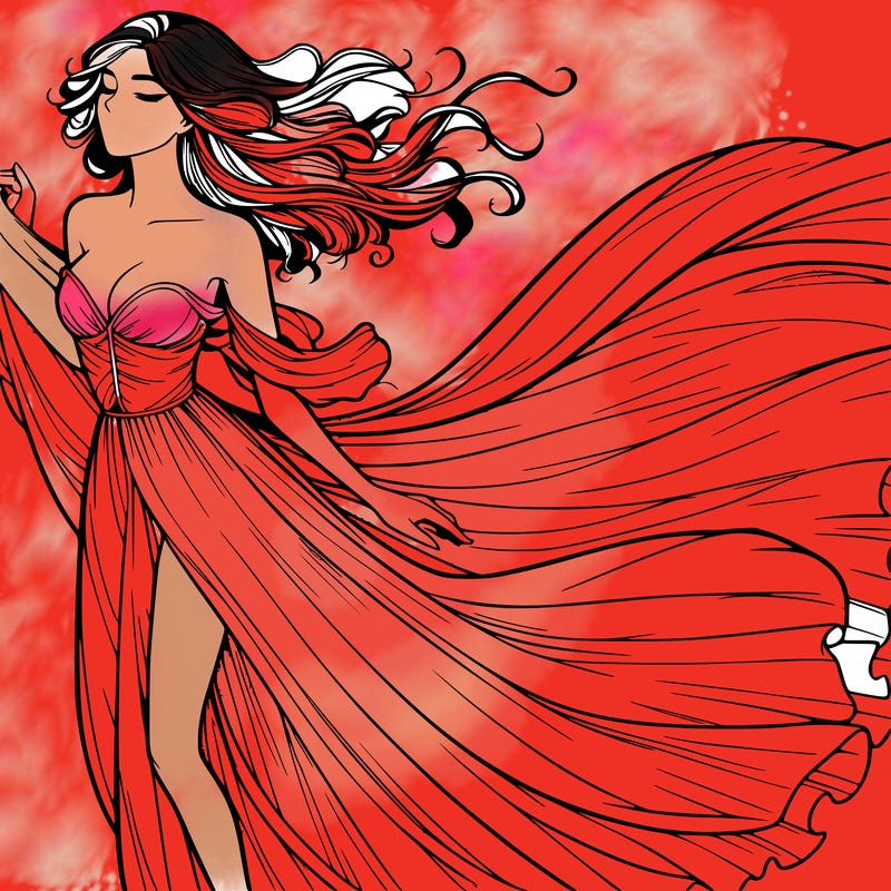 realistic woman in dress flowing the the wind