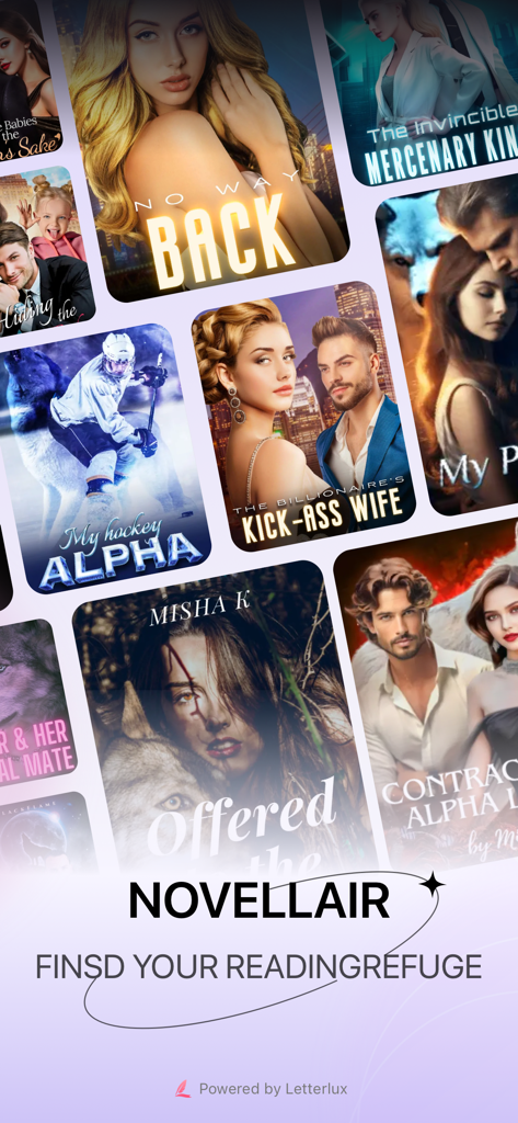 Novellair - Un collage de couvertures de livres numériques pour des histoires de romance et de thriller sur l'application Novellair